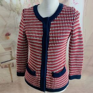 NWOT Talbots 100% Cotton Navy Red White Snaps, Front Pockets Knit Cardigan